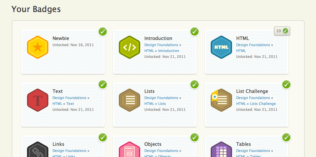 screen shot of Treehouse's badge collection