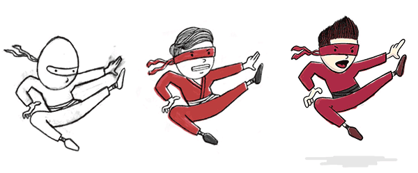 Examples of the ninja art evolution. First, a pencil sketch with a face-concealing mask. Second, a red-suited ninja with a simple eye mask. Third, a refined version with stylish hair.
