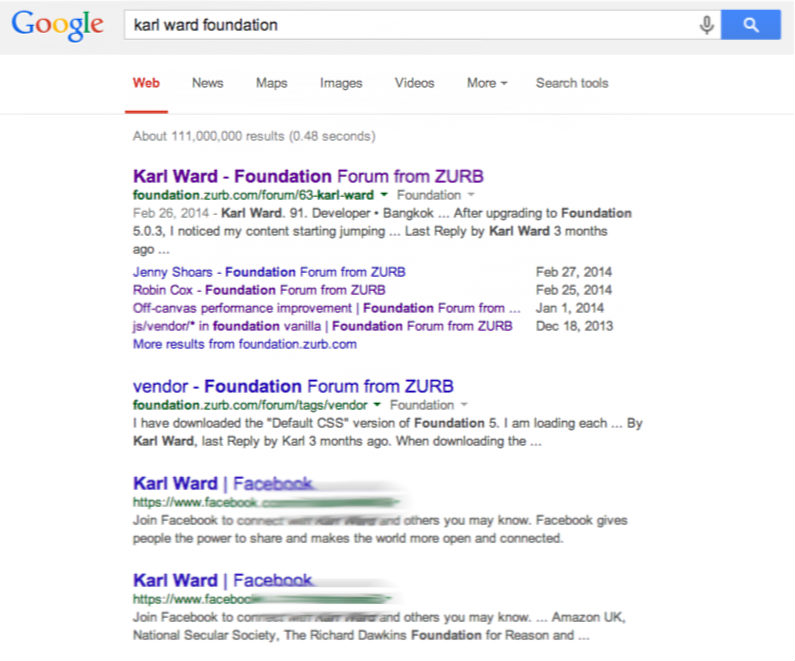 Screen shot of Google search results for a Foundation certified designer. It's nice to be recognized.