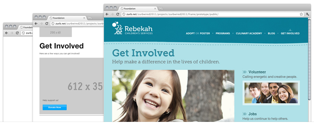 screenshots of the new Rebekah Children Services Site, its sketch, prototype and wireframe